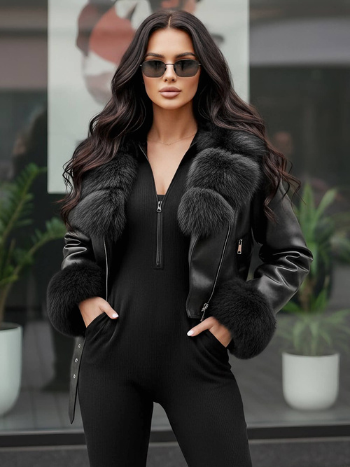 Női bőrdzseki fekete OZONEE JS/61M8511/392AZ