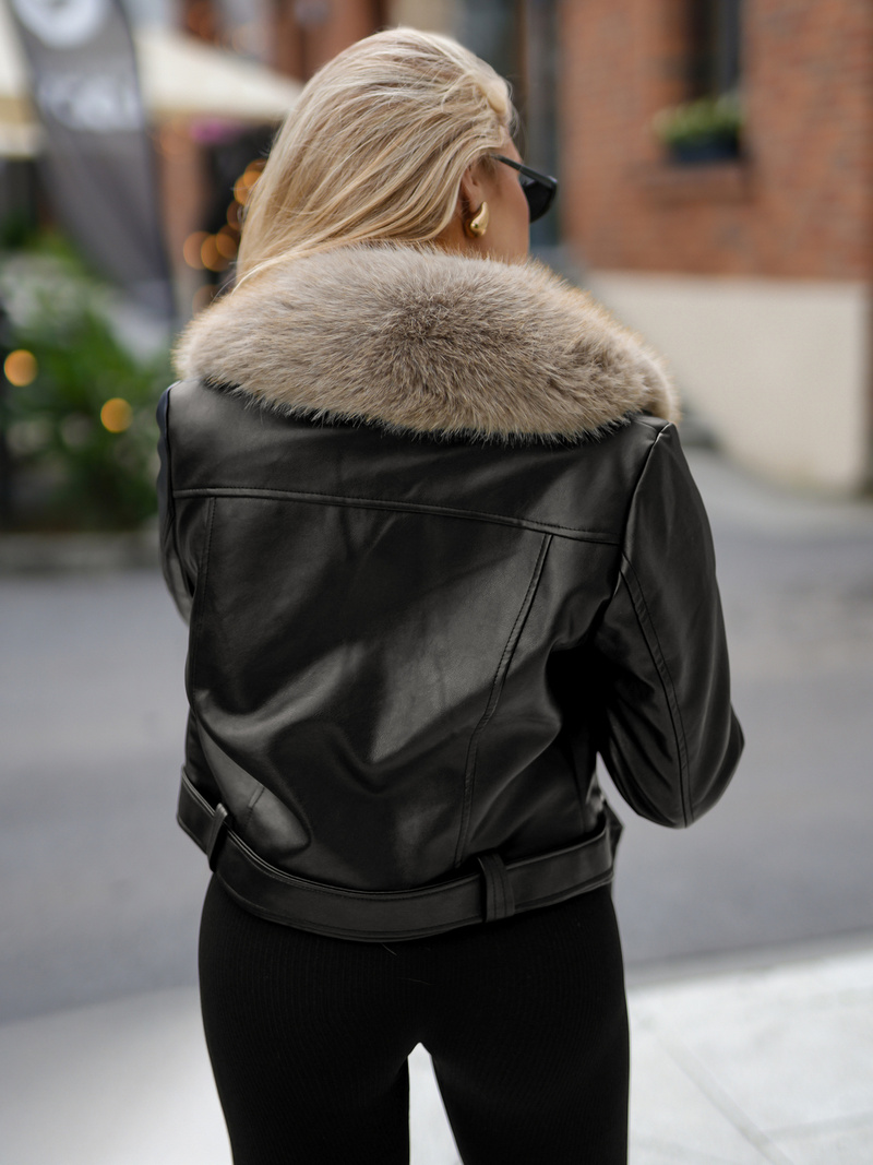 Női bőrdzseki fekete-bézs OZONEE JS/61M8511/392B