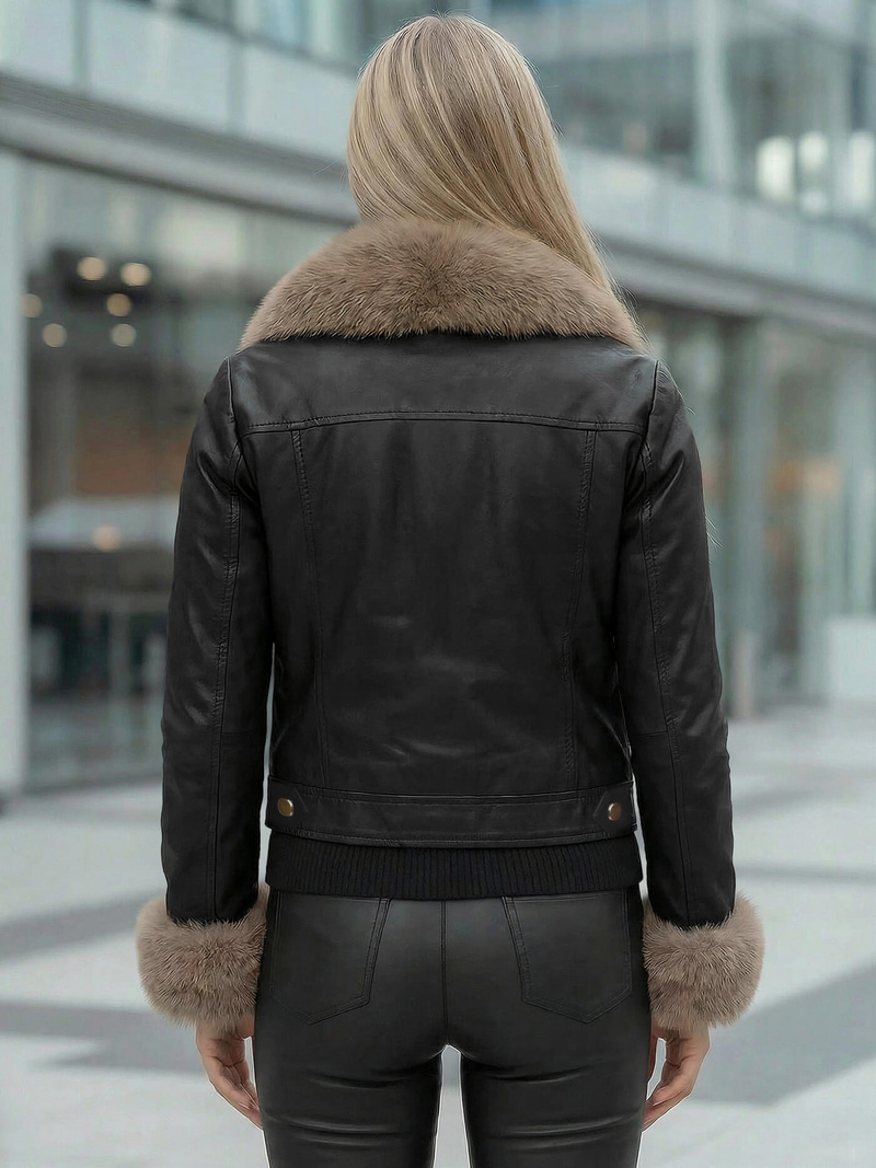 Női bőrdzseki fekete-bézs OZONEE JS/61M8513/392B