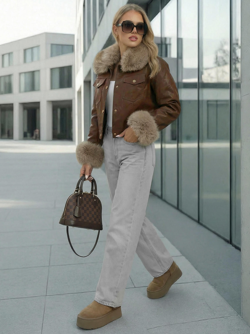 Női bőrdzseki csokoládé OZONEE JS/61M8513/158