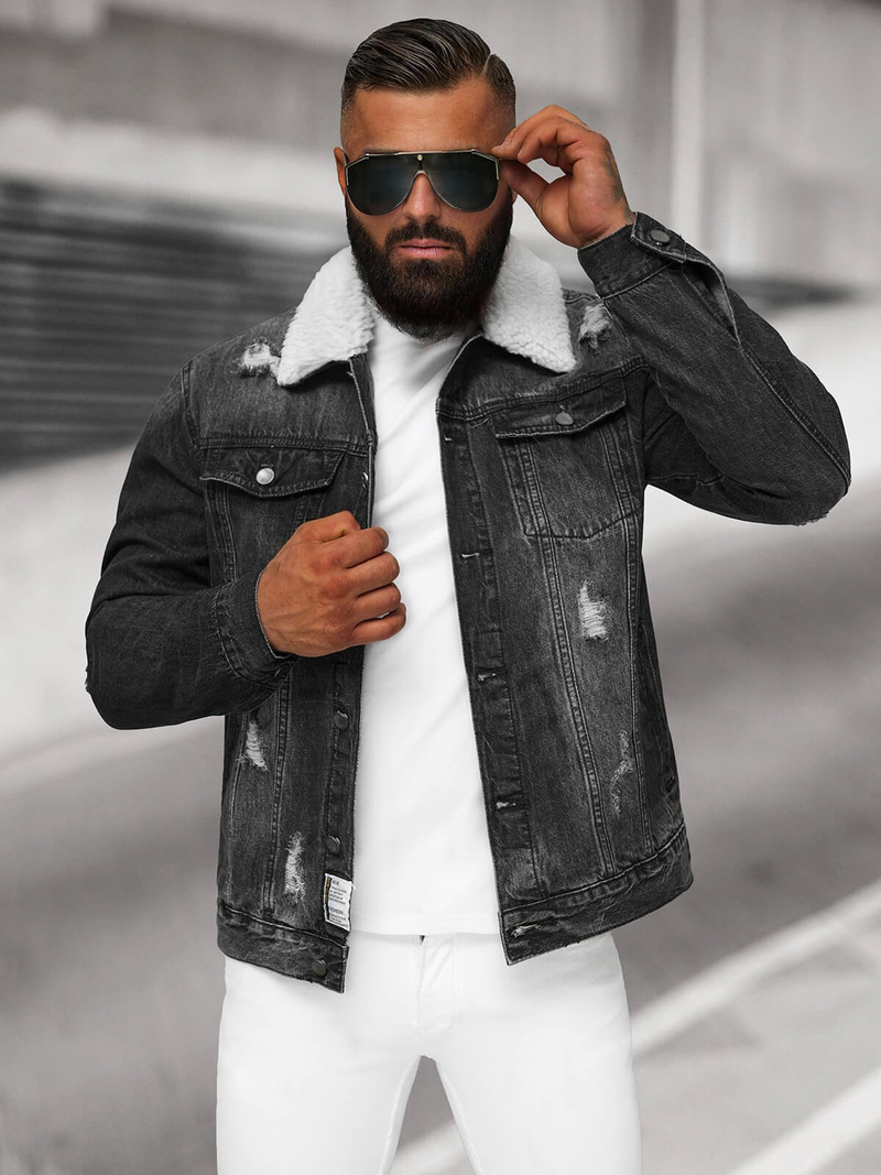 Férfi farmer dzseki SHERPA fekete OZONEE NB/MJ502NZ