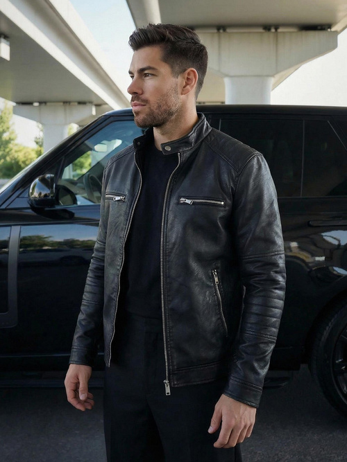 Férfi bőrdzseki fekete OZONEE JS/11Z8066