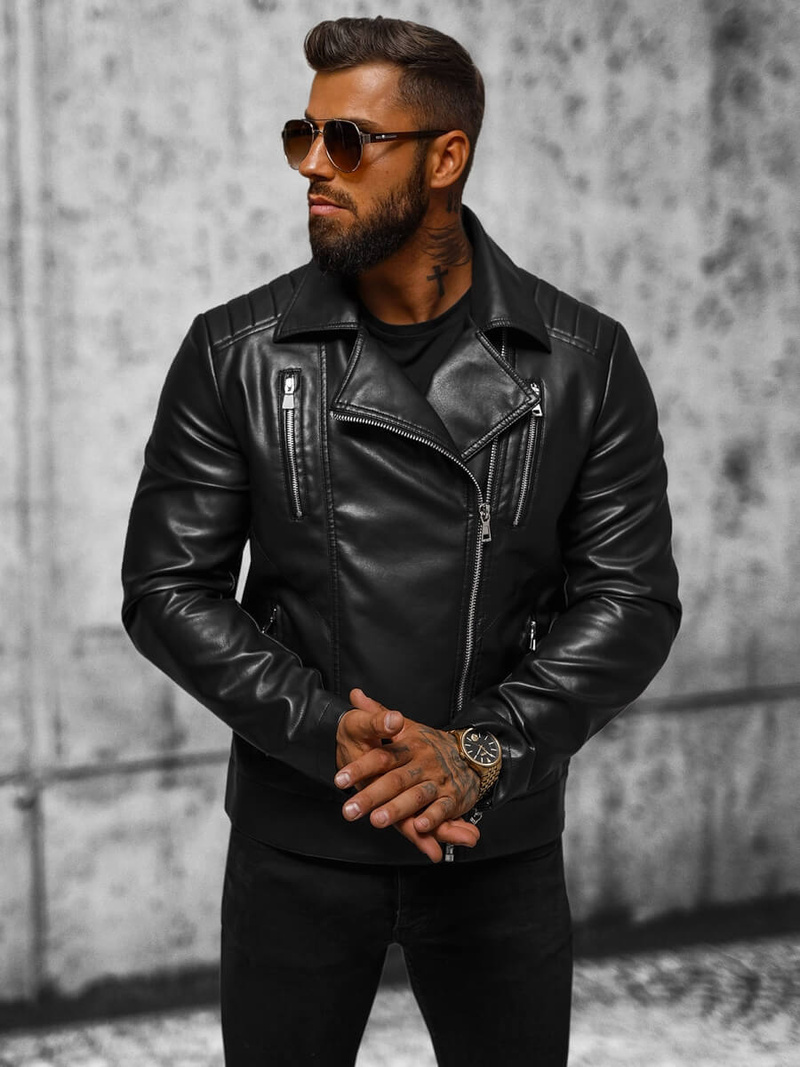 Férfi bőrdzseki fekete OZONEE JS/11Z8056