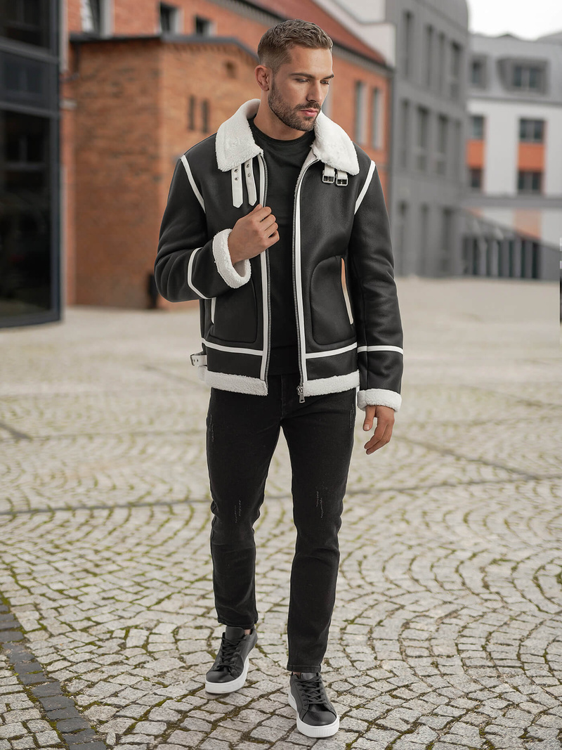 Férfi bőrdzseki fekete OZONEE JS/11Z8270