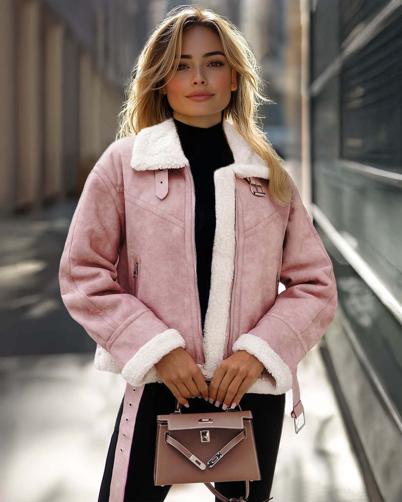 Női bőrdzseki púder rózsaszín OZONEE O/81331Z