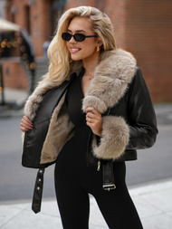 Női bőrdzseki fekete-bézs OZONEE JS/61M8511/392B