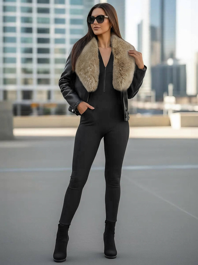 Női bőrdzseki fekete-bézs OZONEE JS/61M8508/392BZ