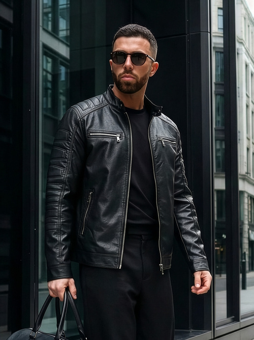 Férfi bőrdzseki fekete OZONEE JS/11Z8138