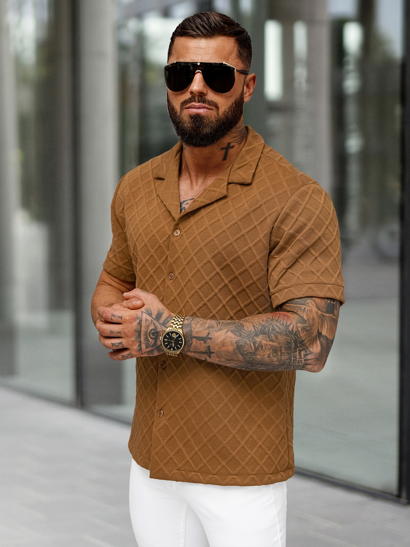 Férfi ing rövid ujjal barna OZONEE O/B2257