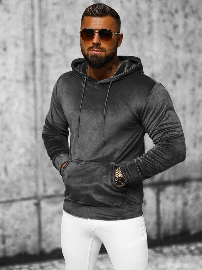 Férfi velúr kapucnis pulóver grafit OZONEE JS/8B1170/6