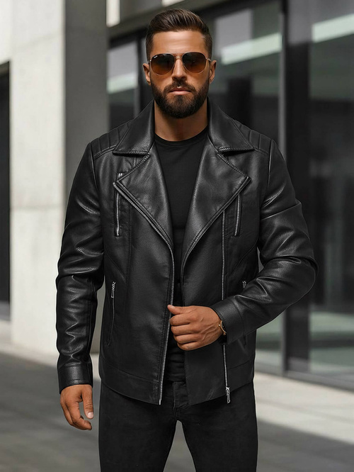 Férfi bőrdzseki fekete OZONEE JS/11Z8067Z