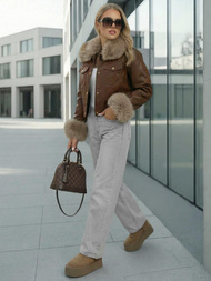 Női bőrdzseki csokoládé OZONEE JS/61M8513/158