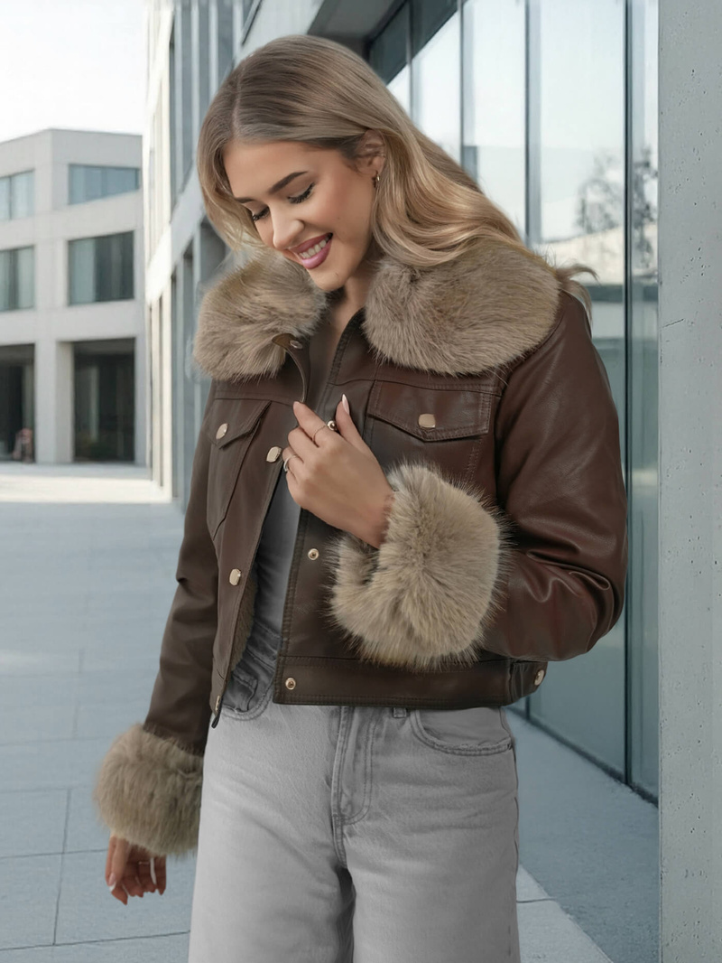 Női bőrdzseki csokoládé OZONEE JS/61M8513/158