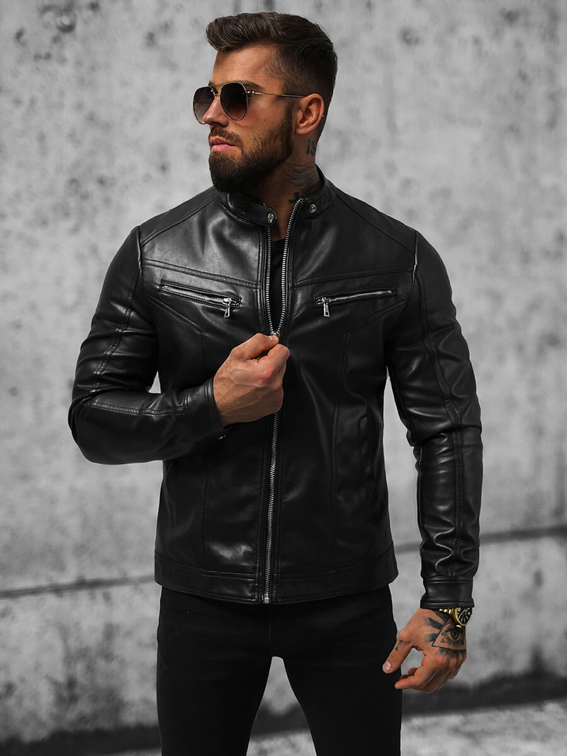 Férfi bőrdzseki fekete OZONEE JS/11Z8016