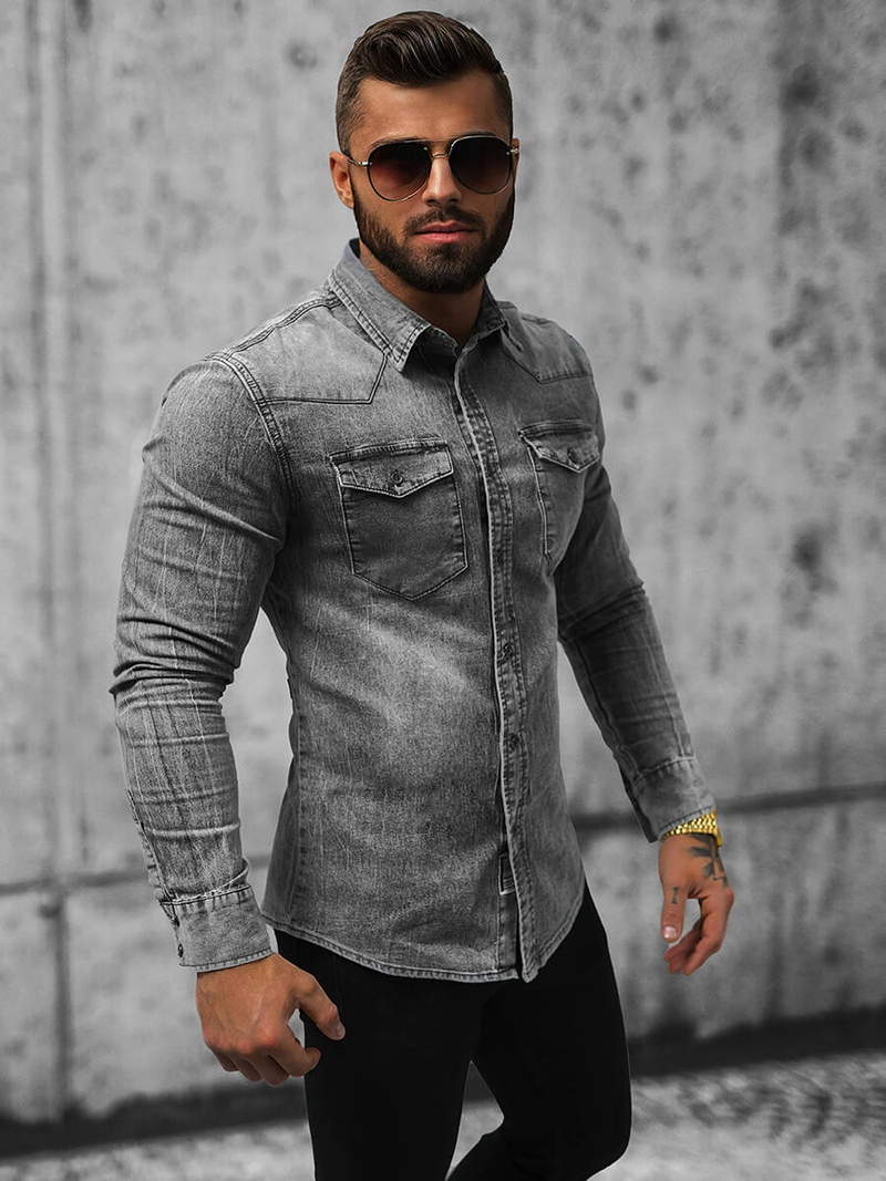 Férfi Farmer Ing Szürke OZONEE NB/MC710G