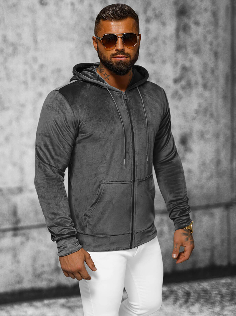 Férfi velúr kapucnis pulóver grafit OZONEE JS/8B1168/6