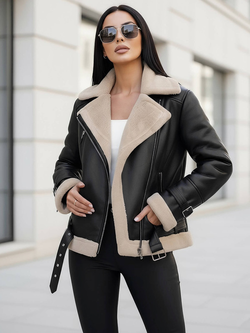 Női bőrdzseki fekete-bézs OZONEE JS/11Z8177Z