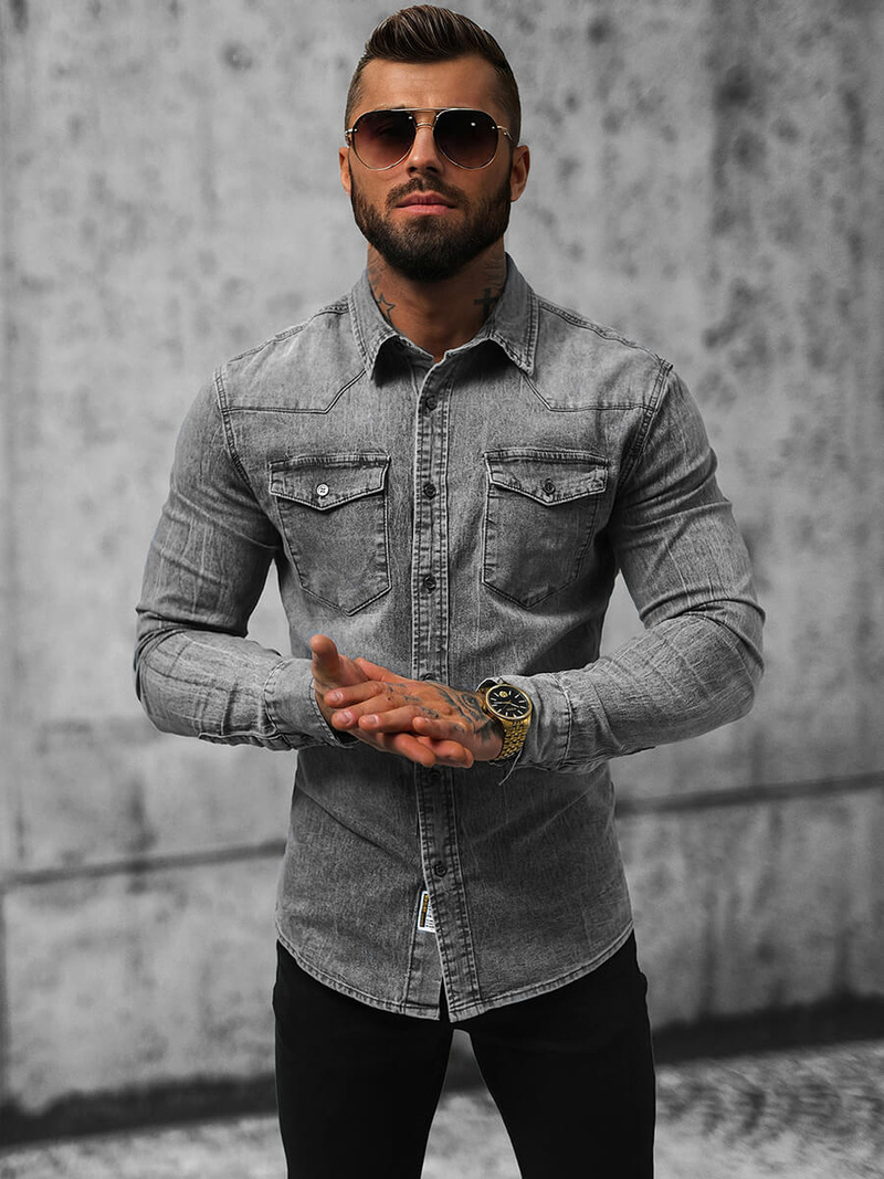 Férfi Farmer Ing Szürke OZONEE NB/MC710G