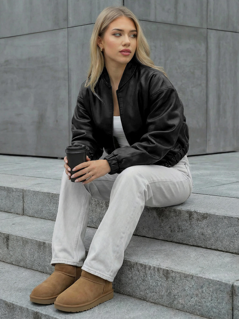 Női Bőrdzseki Fekete OZONEE JS/11Z8281Z