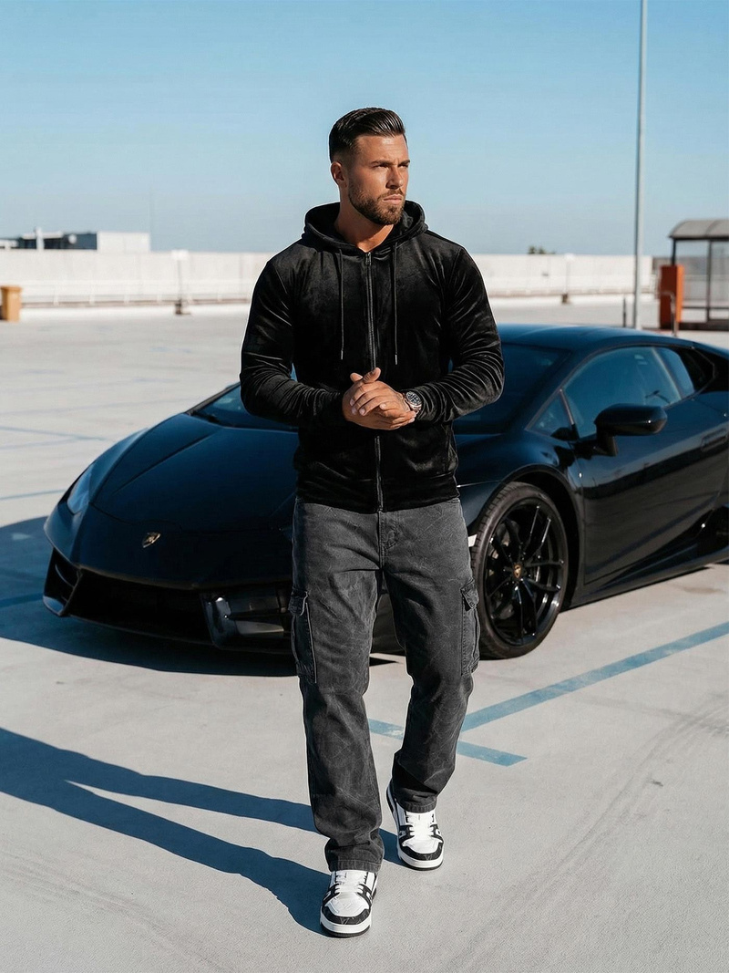 Férfi velúr kapucnis pulóver fekete OZONEE JS/8B1168/3Z