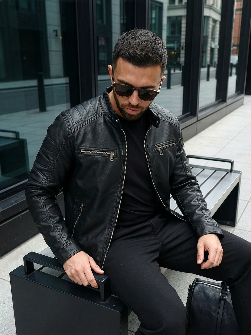 Férfi bőrdzseki fekete OZONEE JS/11Z8138