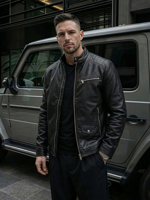 Férfi bőrdzseki fekete OZONEE JS/11Z8021