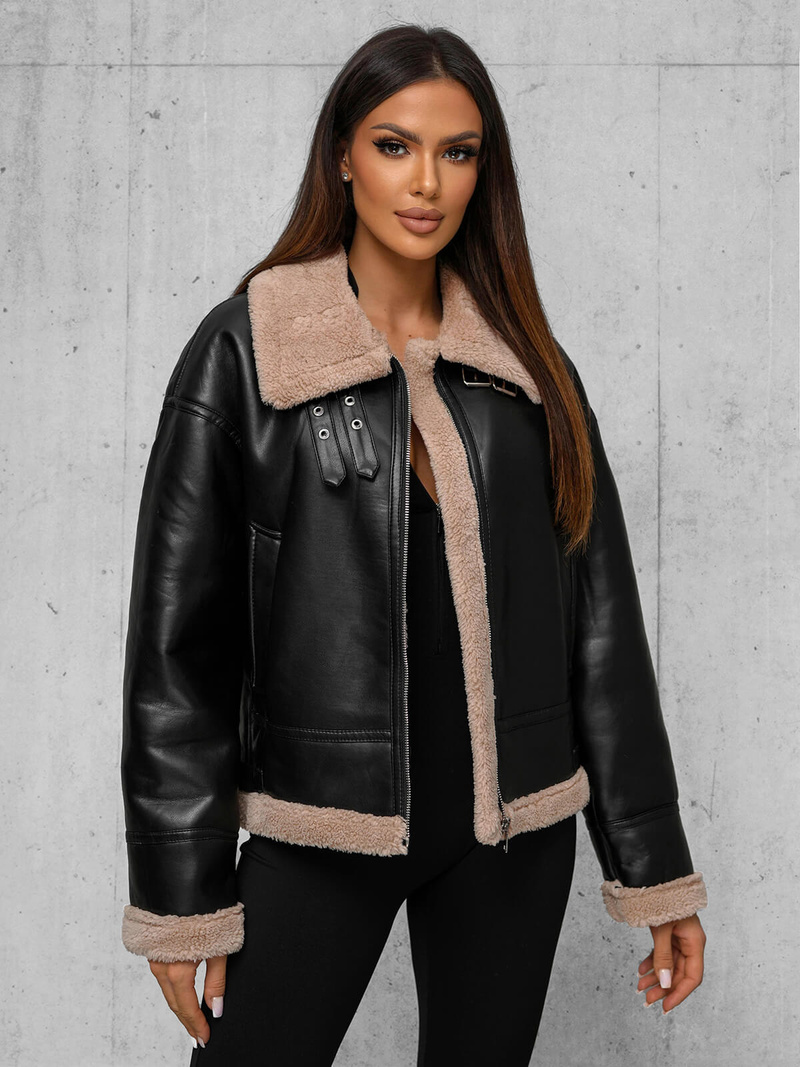 Női bőrdzseki fekete-bézs OZONEE JS/11Z8176Z