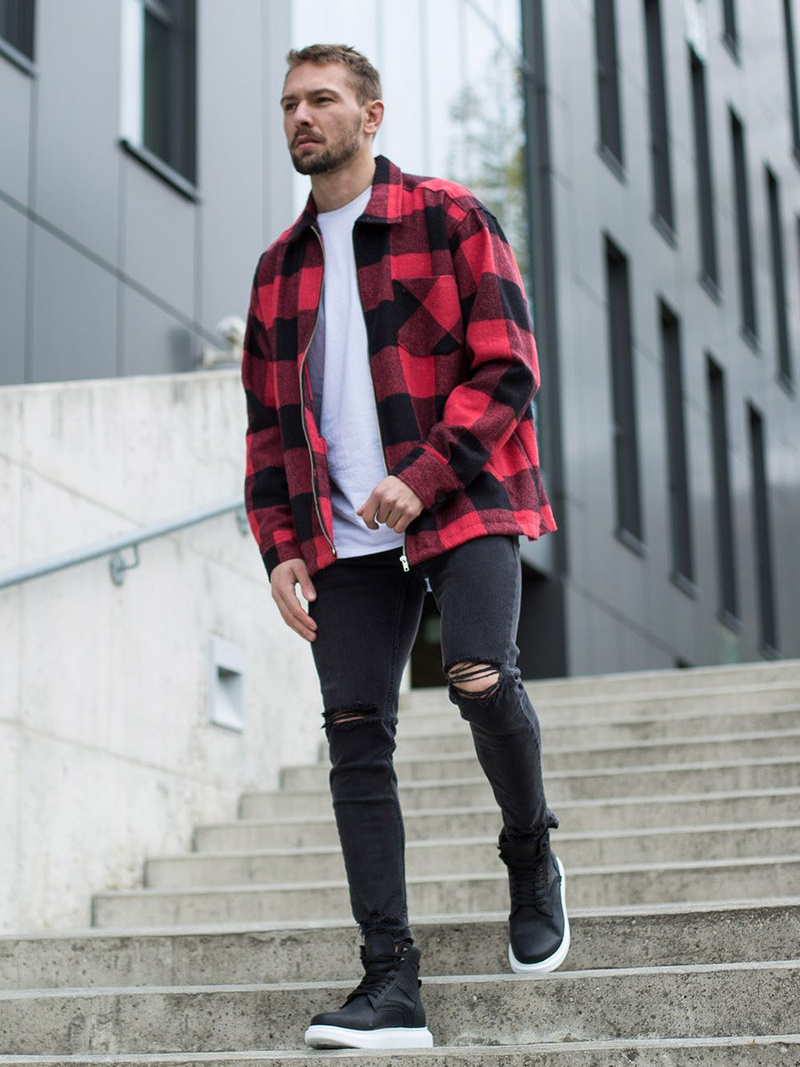 Férfi kockás ing kabát piros OZONEE O/DR2021