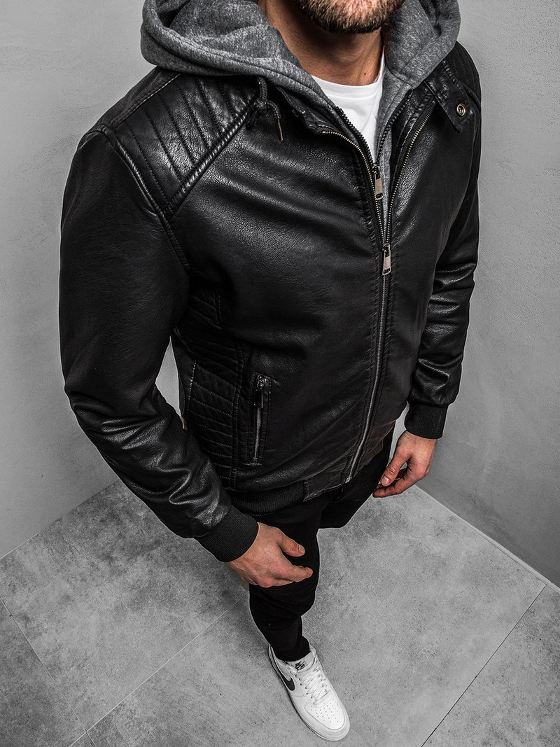 Férfi bőrdzseki fekete OZONEE RF/HK01Z