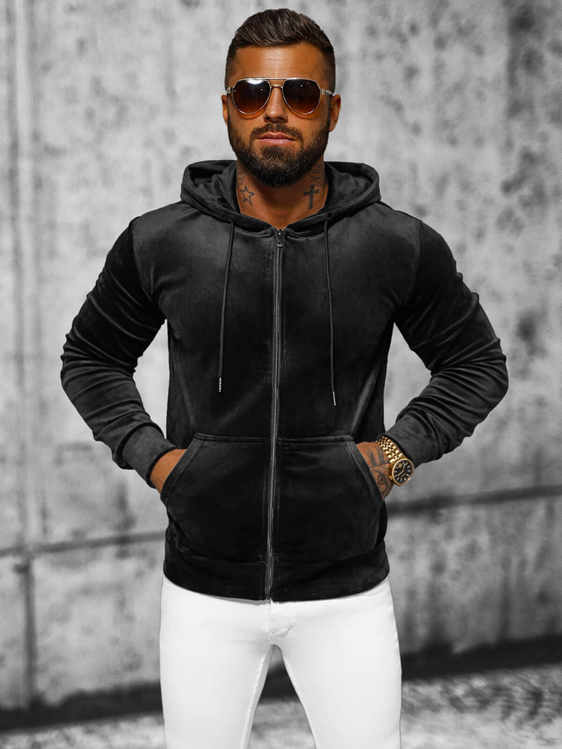 Férfi velúr kapucnis pulóver fekete OZONEE JS/8B1168/3