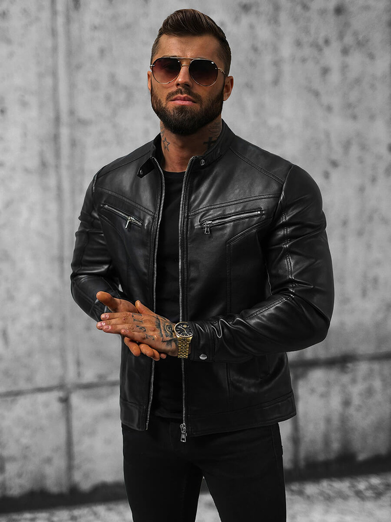 Férfi bőrdzseki fekete OZONEE JS/11Z8016