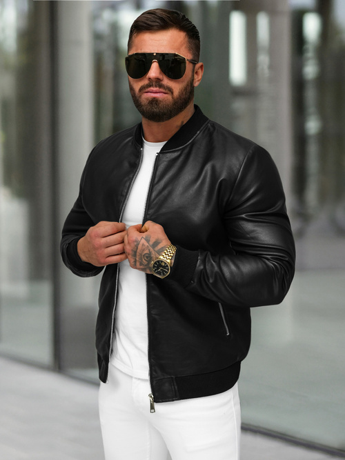 Férfi bőrdzseki fekete OZONEE JS/11Z8107