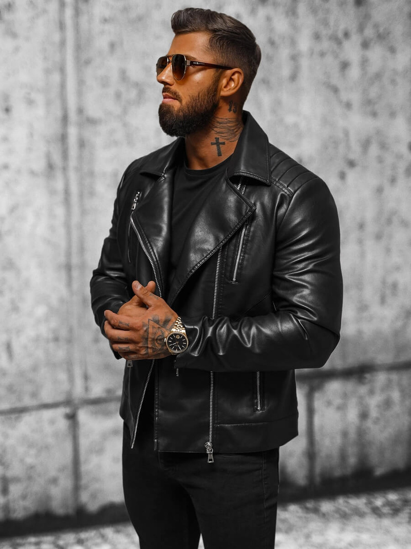 Férfi bőrdzseki fekete OZONEE JS/11Z8056