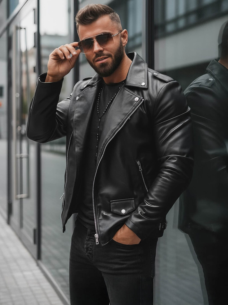 Férfi bőrdzseki fekete OZONEE JS/11Z8014Z